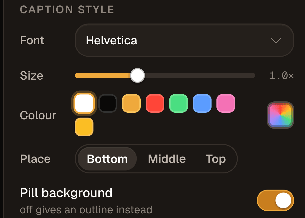 The caption style panel, with font, size, colour, placement and pill background controls.