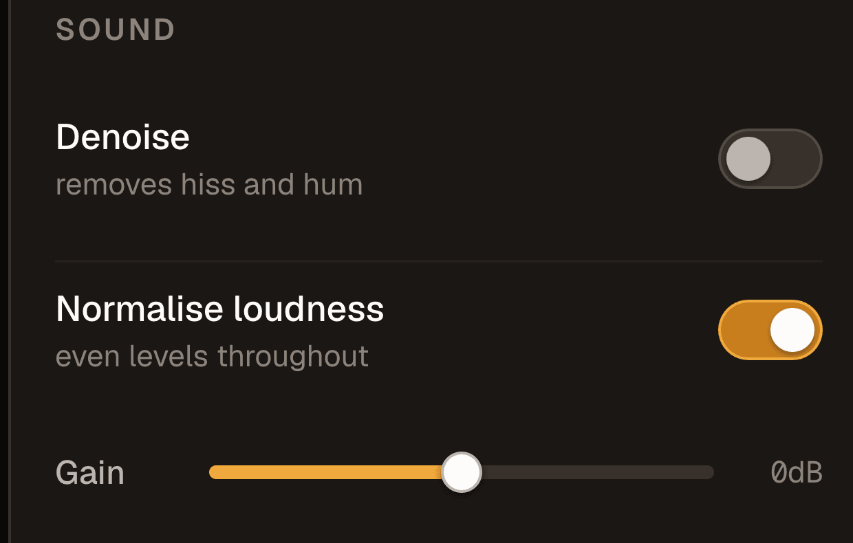 The sound panel, with denoise, normalise loudness and gain controls.