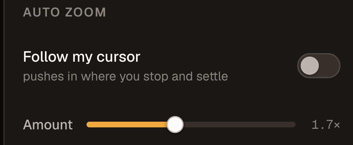 The auto zoom panel, with a follow my cursor toggle and an amount slider.