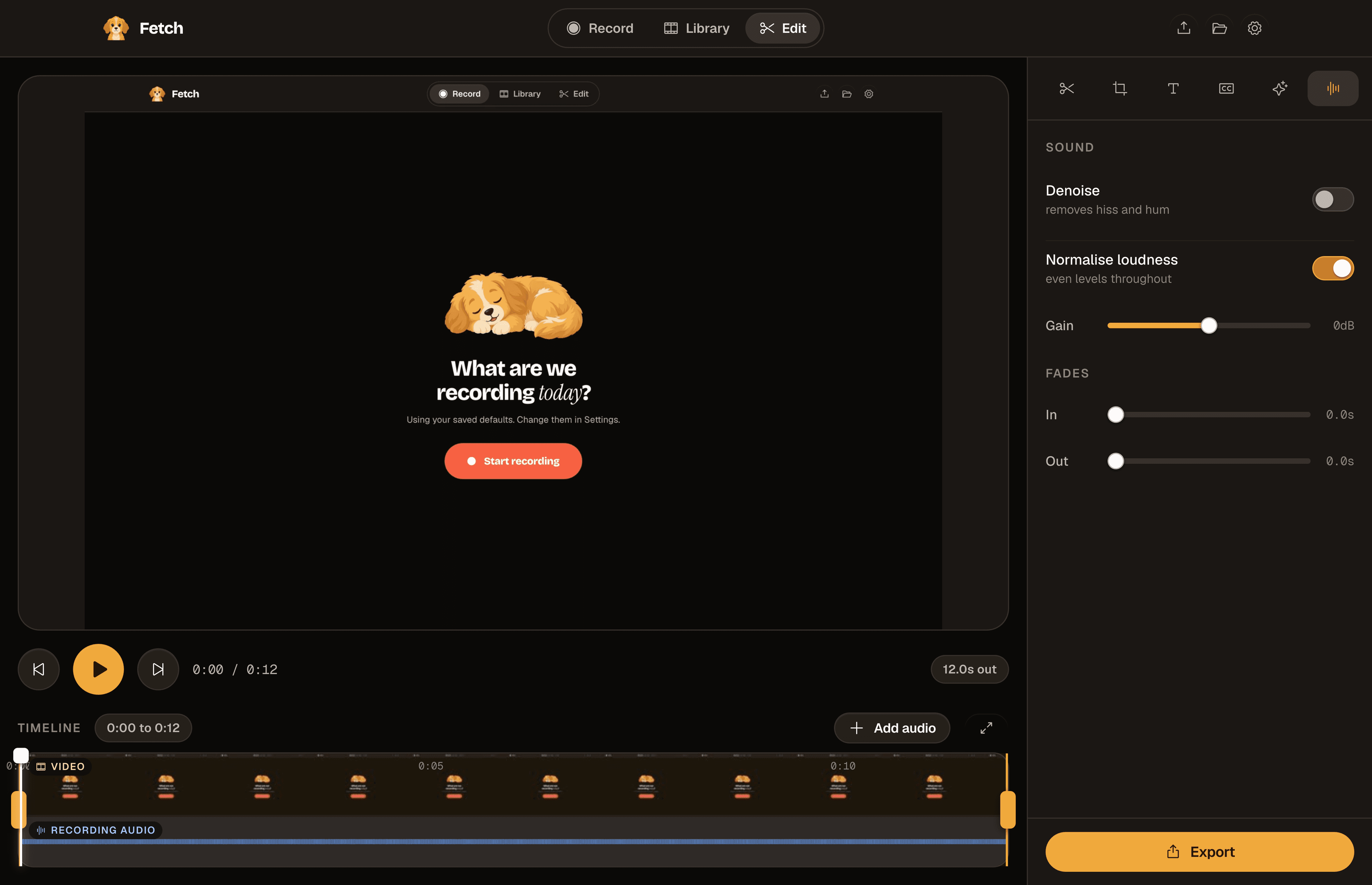 The Fetch editor with the audio panel open.